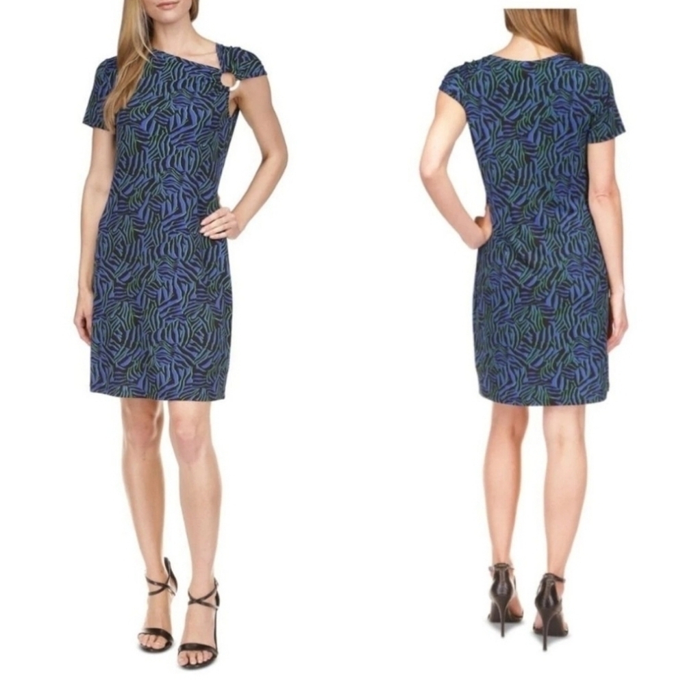 Michael Kors Blue Green Zebra Print Sheath Dress Asymmetrical Neck O-Ring Sz M